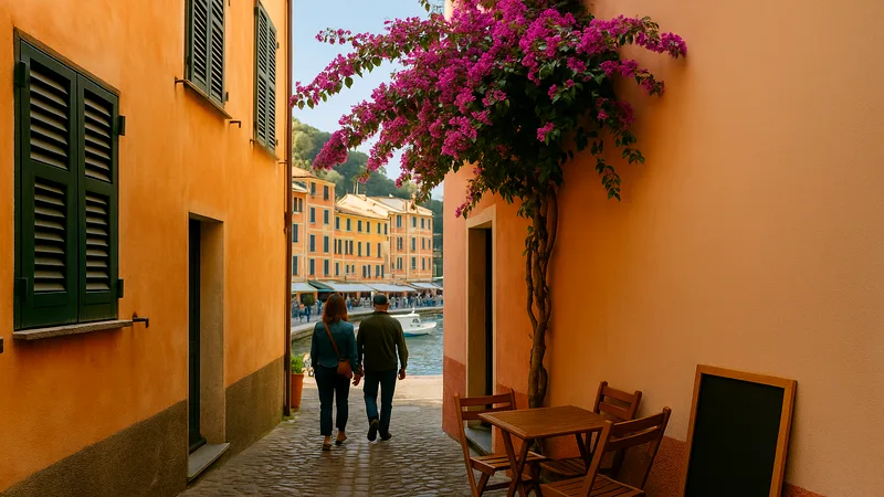 Narrow cobbled lane with pastel walls, green shutters and bougainvillea.