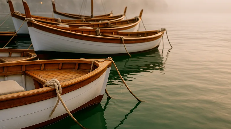 Traditional wooden fishing boats moored in clear green harbour water.